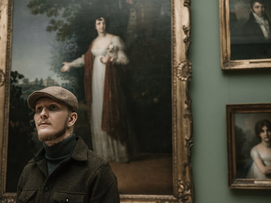 A man stands in an art gallery, admiring classical paintings on display.